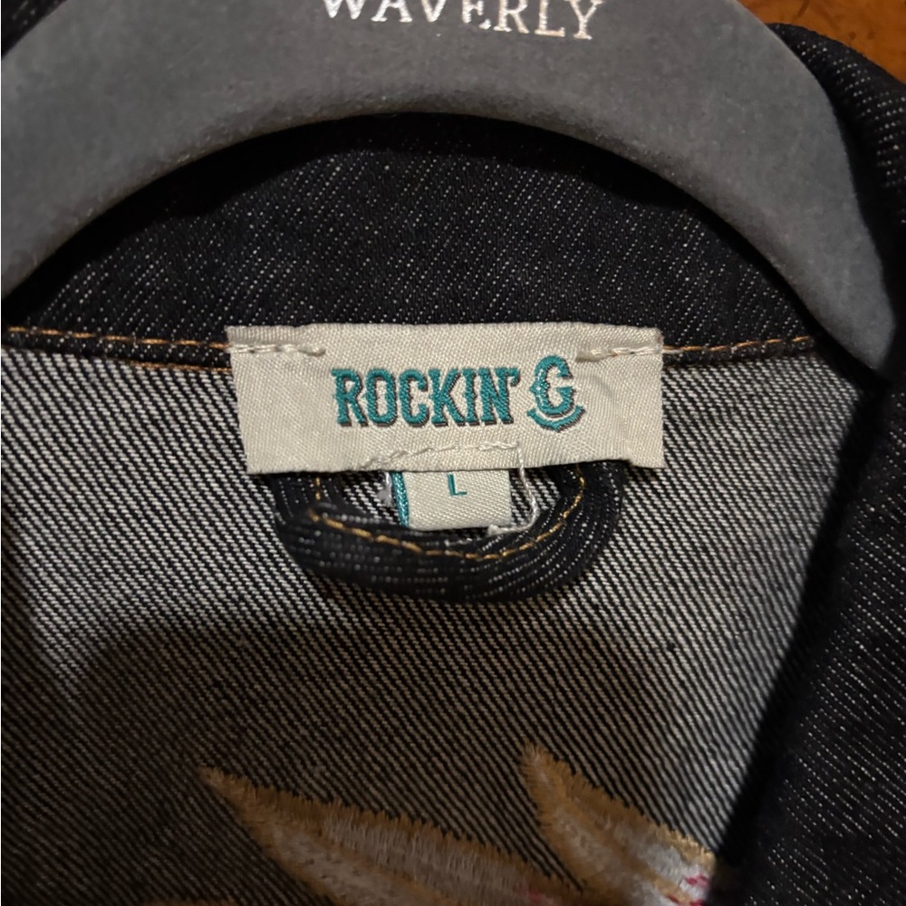 Black Denim Jacket with Colorful Feather Embroidery/sequins by Rockin C - Picture 4 of 4